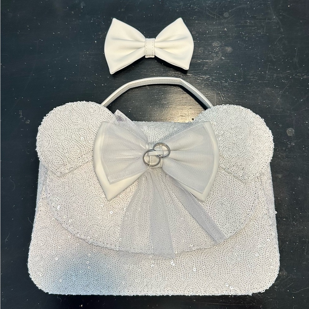 White Sequin Disney Bride Loungefly Crossbody Purse with Interchangeable Bow
